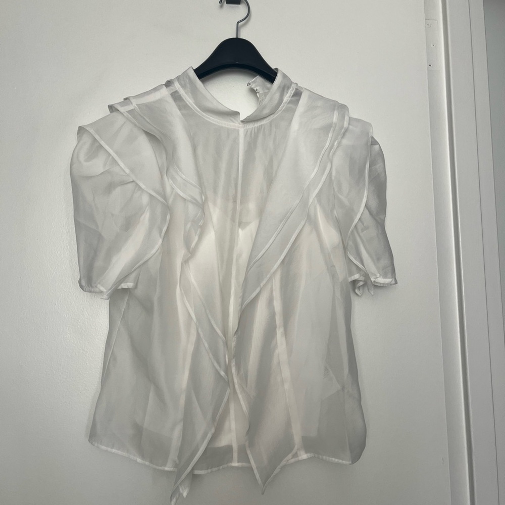 Cream Ruffled Short Sleeve Blouse with Tie Front